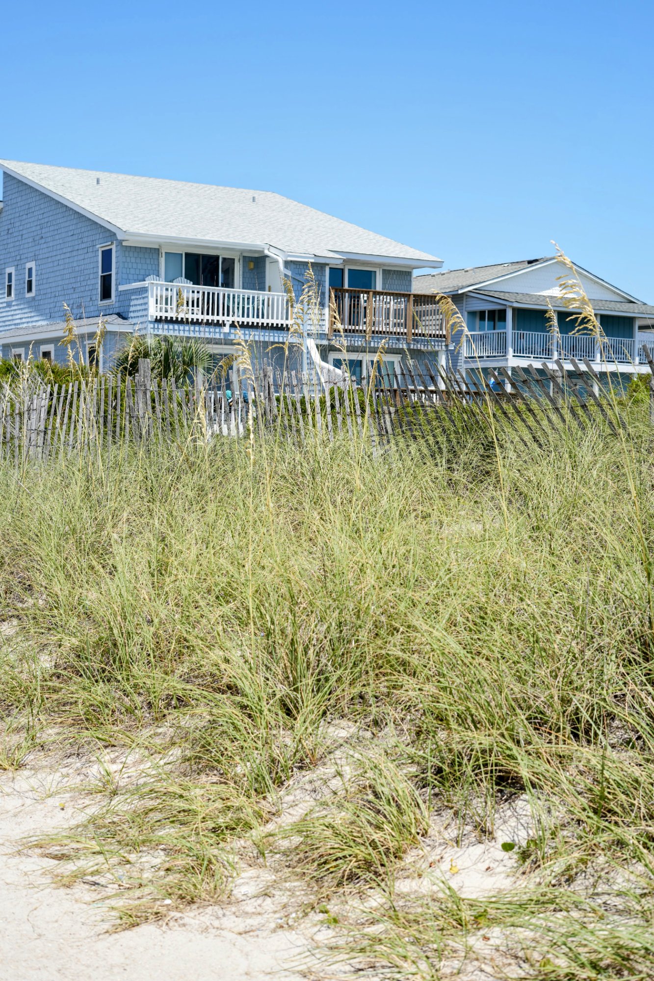 Beachfront homes behind sea oats and sand dunes in Wrightsville Beach, NC.