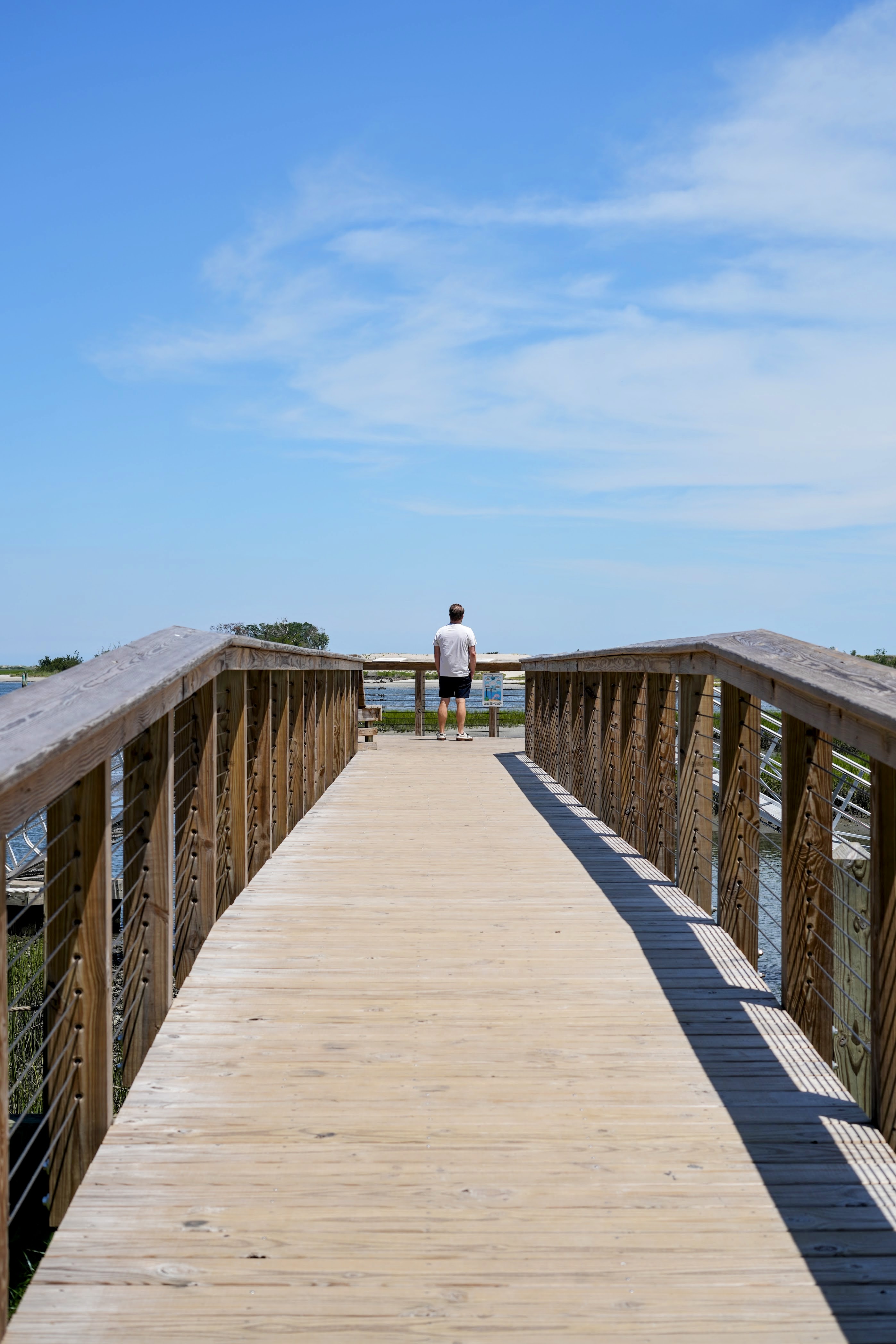 Person standing at the end of a wooden boardwalk overlooking the water under a blue sky in Wrightsville Beach, NC.