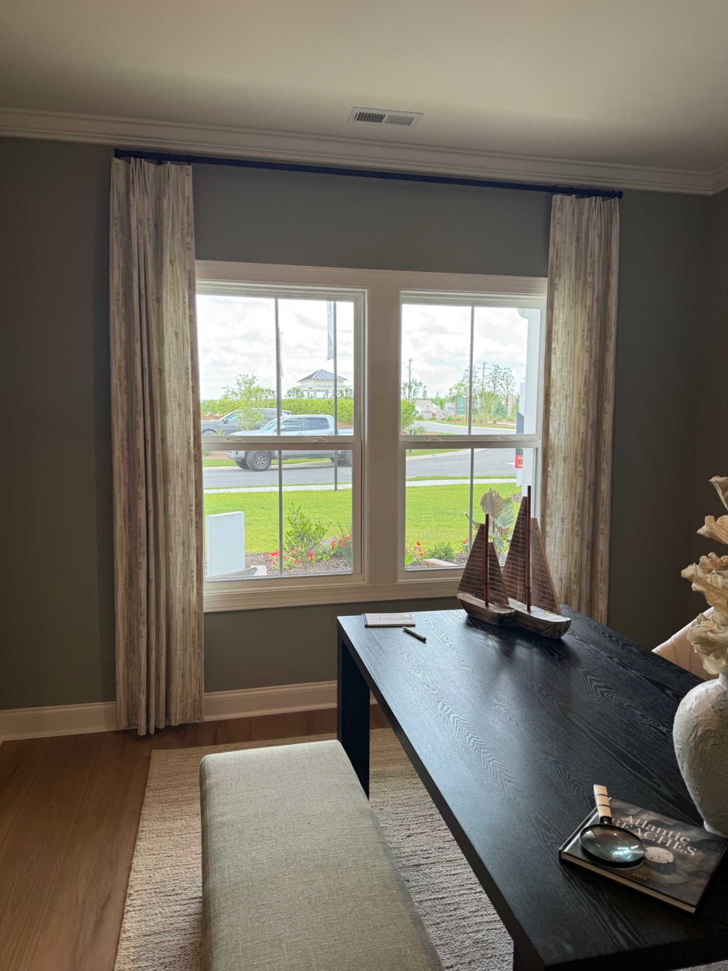 Staged living space with coastal decor