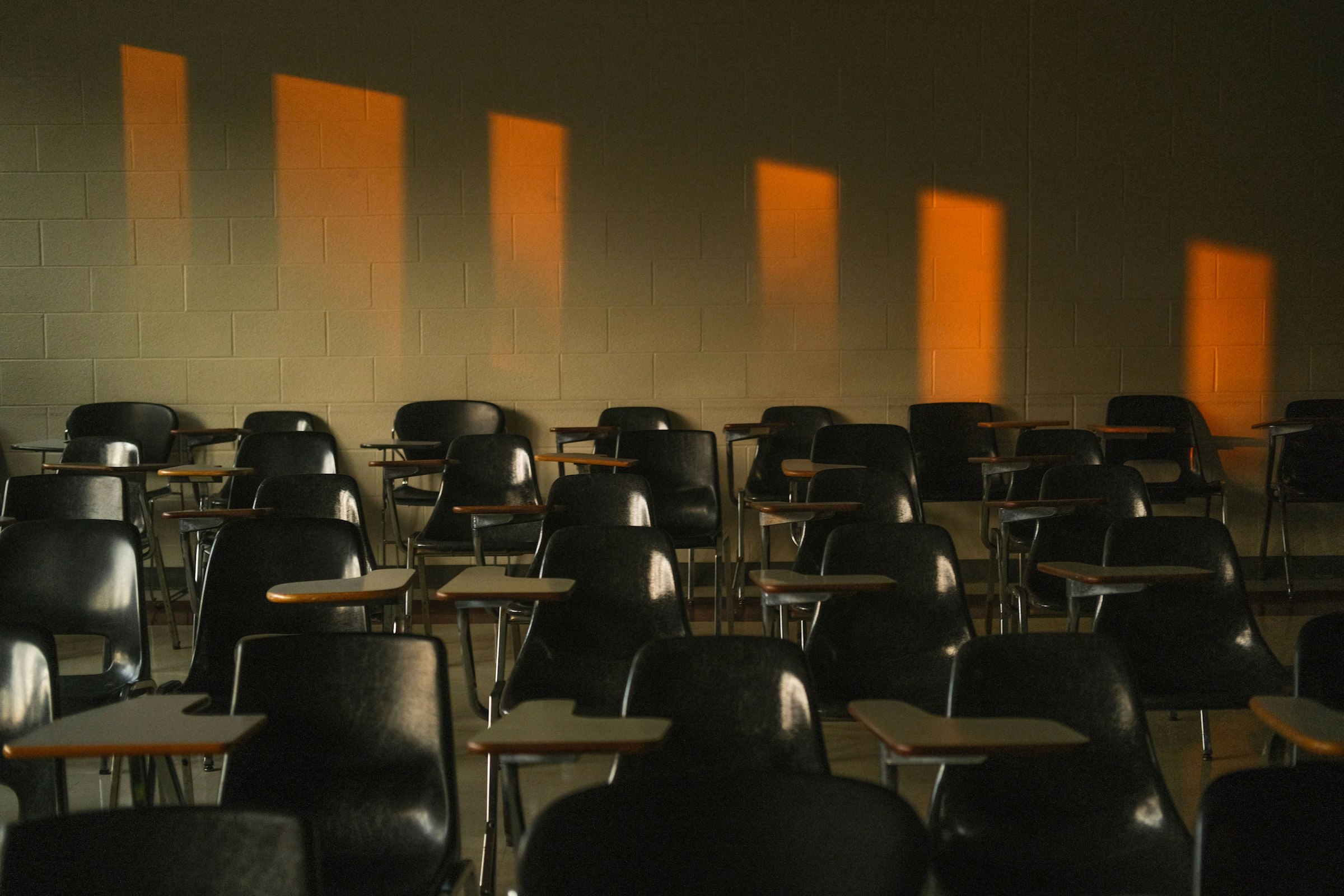 Sunlit classroom with warm window light
